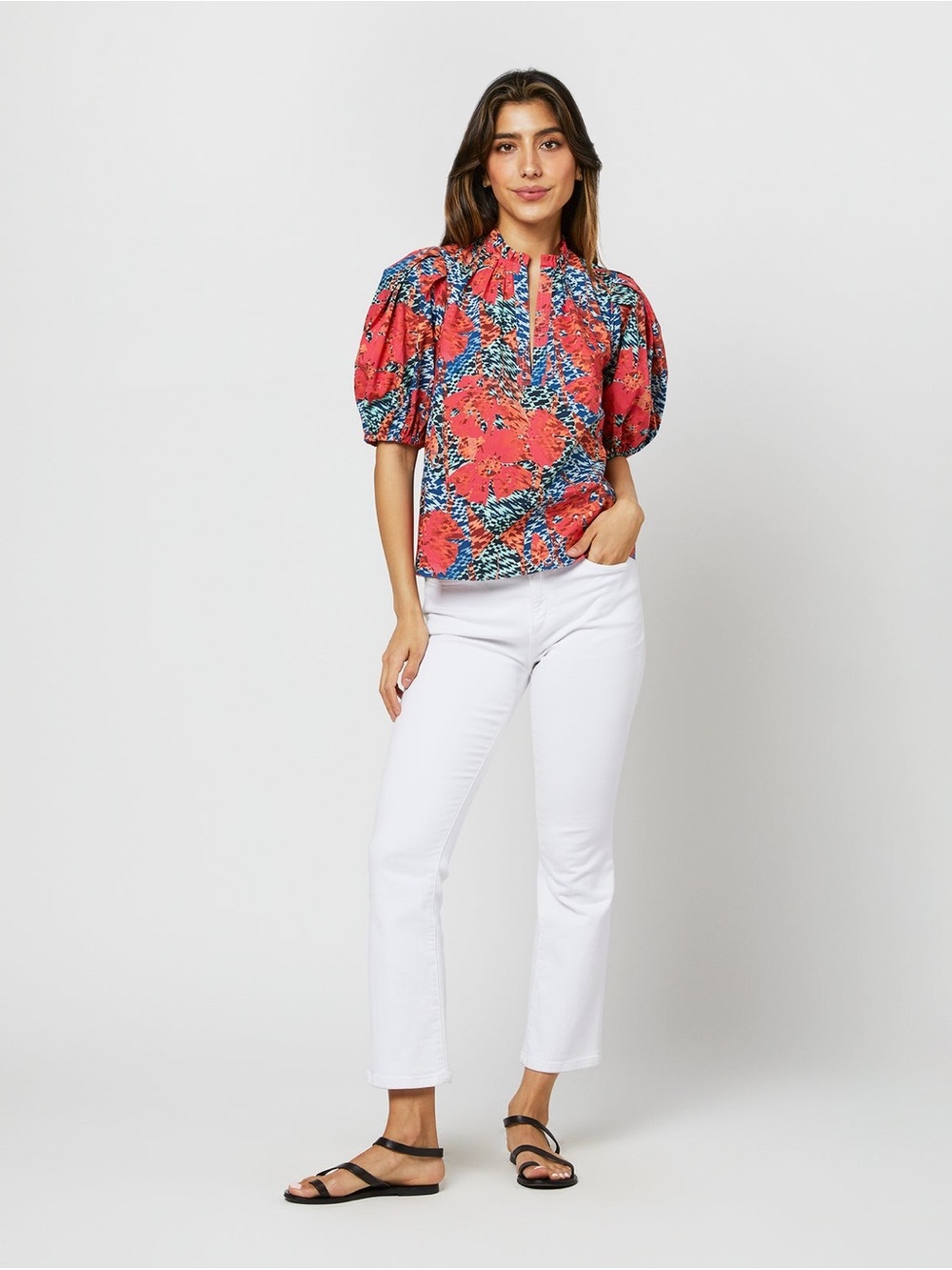 Ulla Johnson Tillie Top in Flamingo puff sleeve v neck cotton